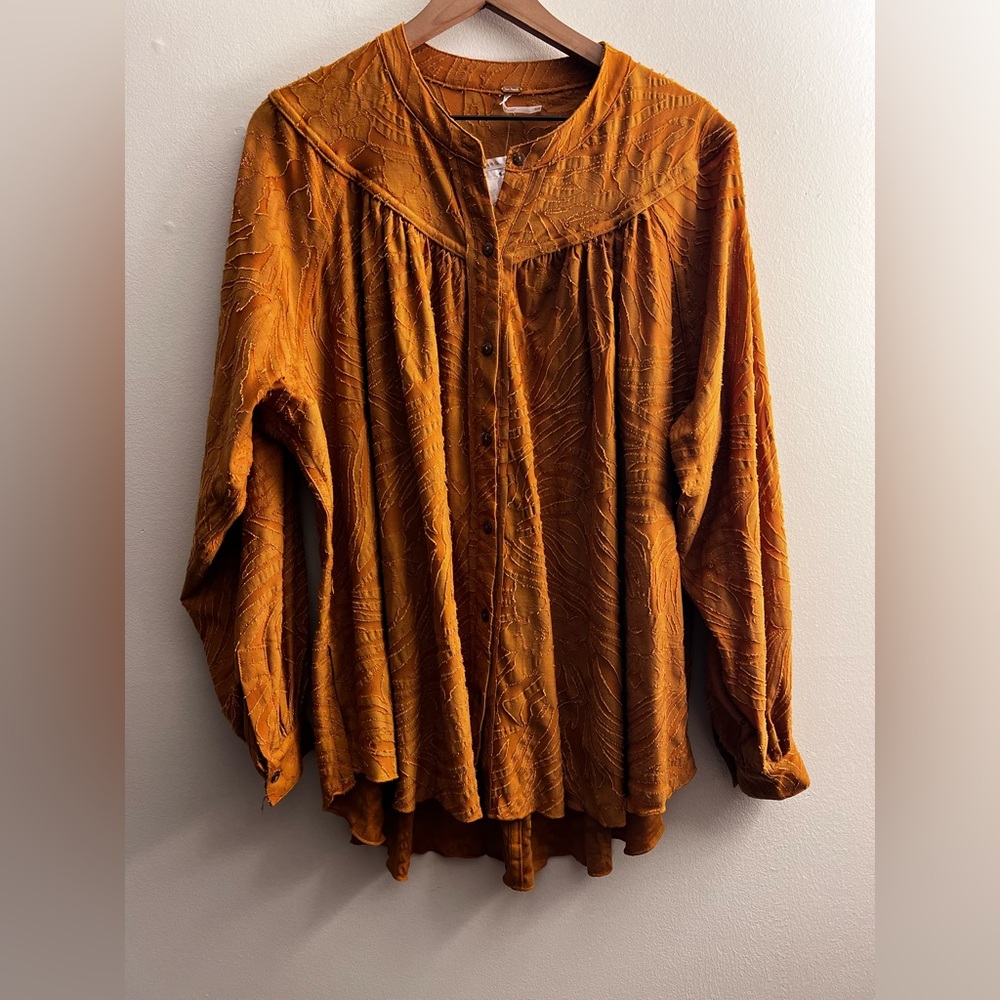 Free People Can’t Stop Dreaming Tunic Top Mustard Yellow boxy textured floral M - Picture 3 of 8